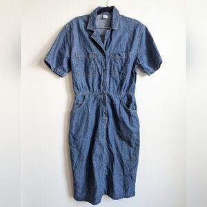 Vintage Cottagecore Denim Short Sleeve Button-Up Midi Dress 14P